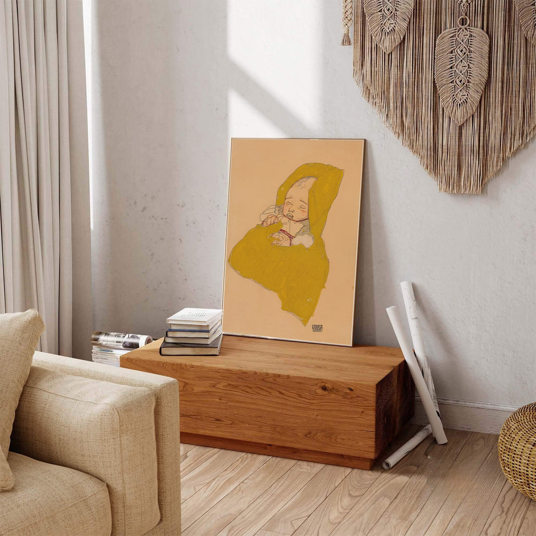 Fine art giclée baby poster of Egon Schiele Infant On A Changing Pad 1915 preserved in Leopold Museum Vienna with warm ochre hues. MapYourDreams offers versatile framed wall art, unframed poster prints, and stretched canvas choices for complete room decoration projects.