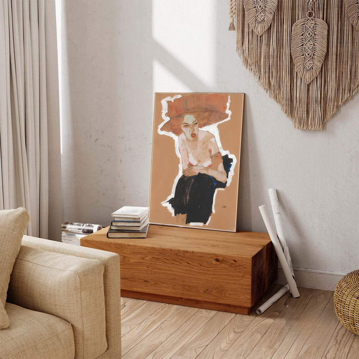 Historic Viennese Secession fine art study of Egon Schiele Seated Woman With Hat 1910 in Vienna Austria with distinct chalk line work. Explore ready-to-hang framed wall art, unframed paper poster prints, and gallery canvas decor available directly from MapYourDreams online store today.