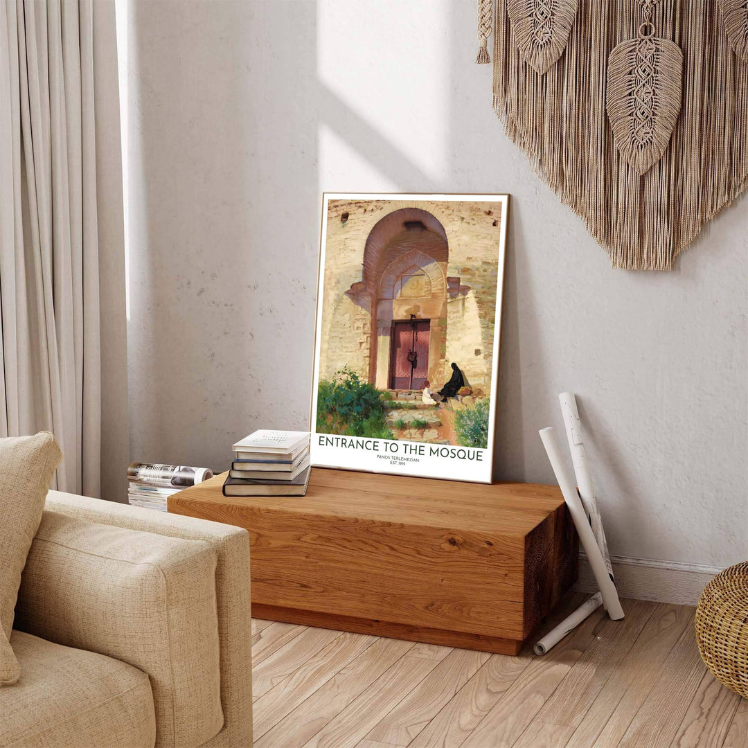 Scenic architecture poster displaying Entrance to the Mosque fine art print with sleek title text reading ENTRANCE TO THE MOSQUE. Offered by MapYourDreams, this artwork is available in flexible options including unframed paper, custom wooden frames, and gallery canvas wraps to enhance any wall space.