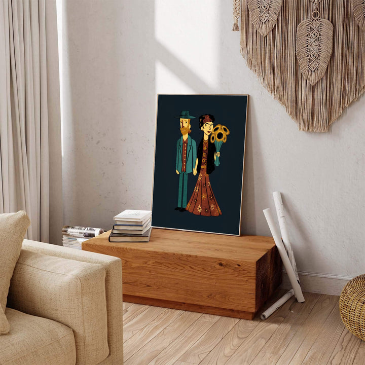 Creative painter mashup wall decor print of Frida Kahlo And Van Gogh Couple 1939 set in Coyoacán, Mexico City. Order custom framed prints, unframed fine art paper, or gallery canvas print options from MapYourDreams for your personal room layout and aesthetic needs.
