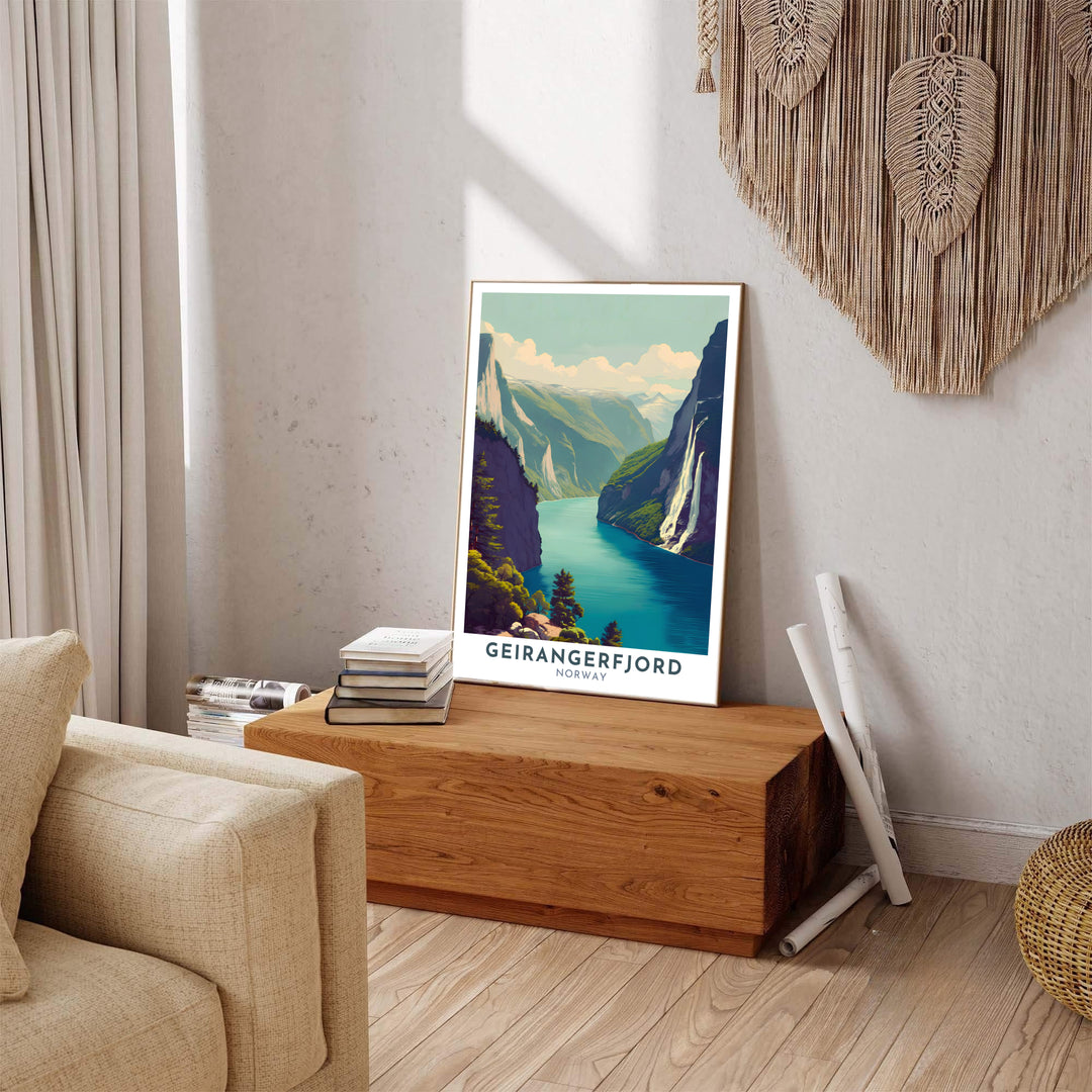 Nostalgic travel poster illustration of Geirangerfjord Norway featuring rich green tones, deep navy water, and bold retro line art. Carefully produced for lasting beauty, this wall art piece includes options like unframed art paper, solid wood framed prints, and textured canvas stretchers.