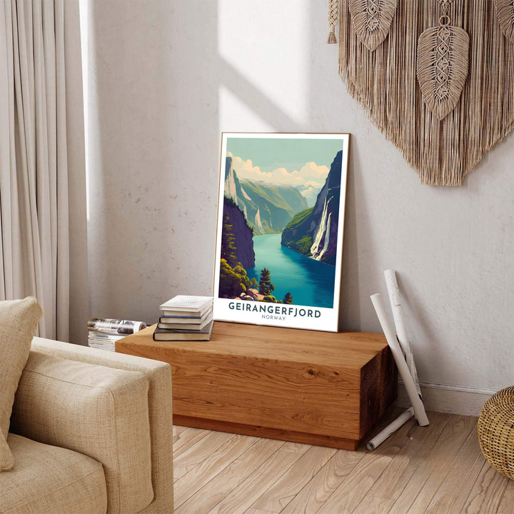 Nostalgic travel poster illustration of Geirangerfjord Norway featuring rich green tones, deep navy water, and bold retro line art. Carefully produced for lasting beauty, this wall art piece includes options like unframed art paper, solid wood framed prints, and textured canvas stretchers.