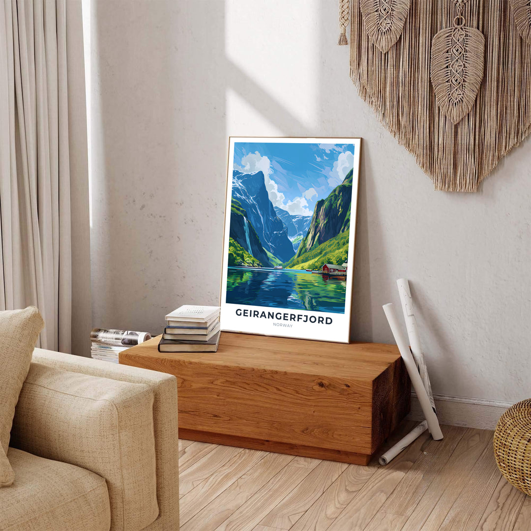 Crisp vector travel poster of Geirangerfjord Norway featuring bright summer colors, deep blue water reflections, and sharp mountain line art. Carefully produced for lasting beauty, this wall art selection includes versatile options like unframed art paper, solid wood framed prints, and textured canvas stretchers.