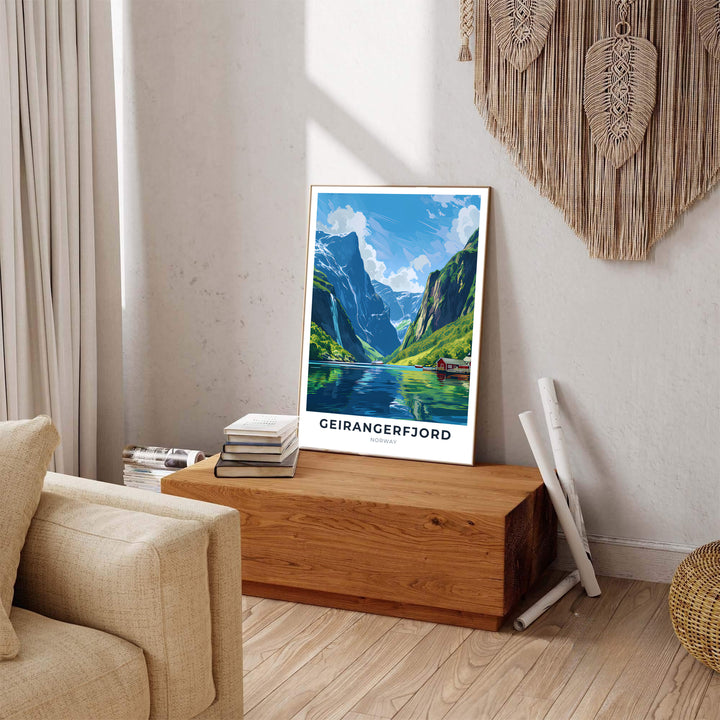 Crisp vector travel poster of Geirangerfjord Norway featuring bright summer colors, deep blue water reflections, and sharp mountain line art. Carefully produced for lasting beauty, this wall art selection includes versatile options like unframed art paper, solid wood framed prints, and textured canvas stretchers.