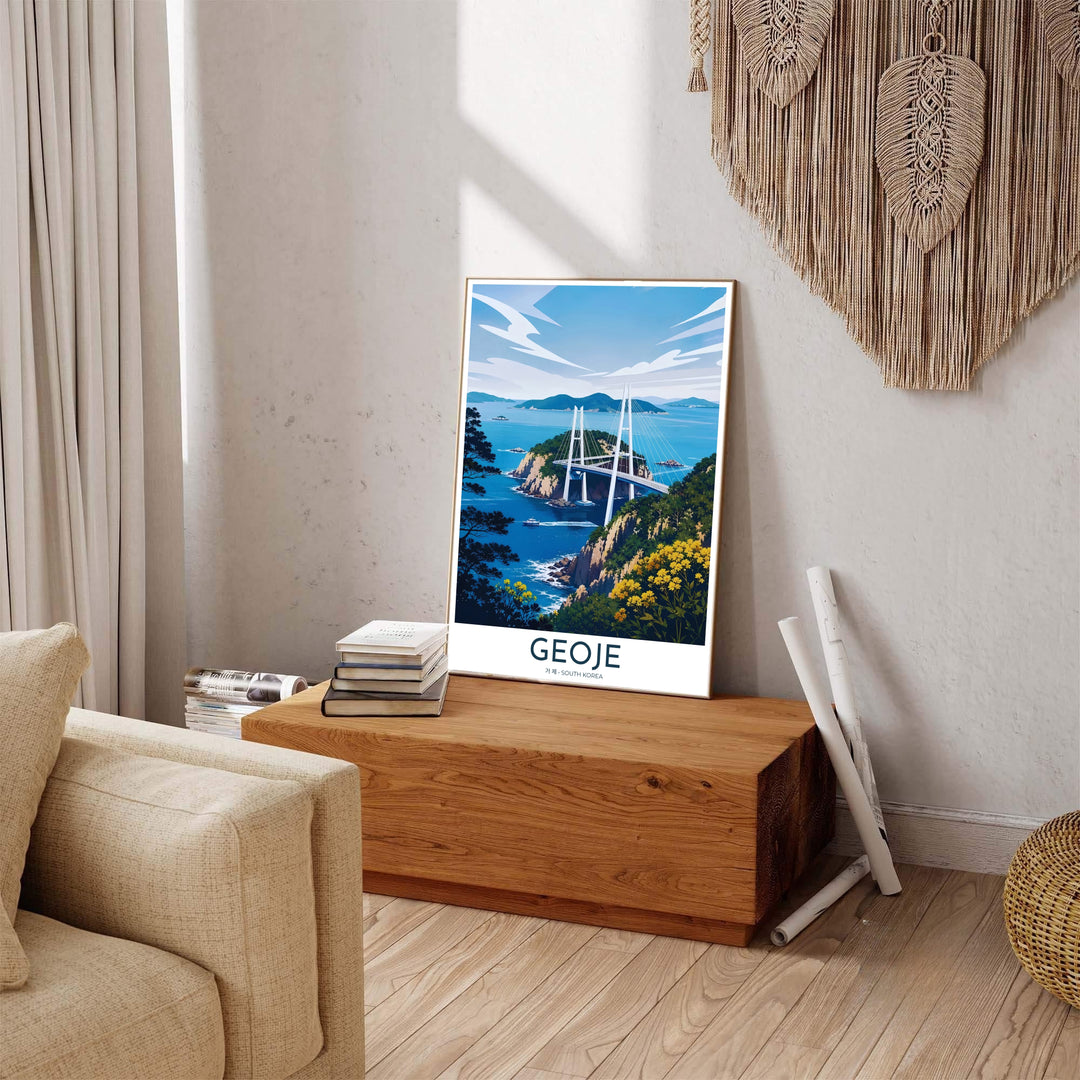 Colorful Asian travel poster of Geoje, South Korea, displaying an elevated viewpoint over coastal cliffs and blue island bays toward the white towers of Geoga Bridge. Offered by MapYourDreams, this artwork is available in flexible options including unframed paper, custom wooden frames, and gallery canvas wraps.