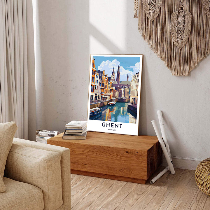 Captivating mid-century style cityscape print highlighting the sunny waterways of Ghent, Belgium. Available across multiple options including unframed art paper, custom framed poster styles, and gallery canvas wall displays.