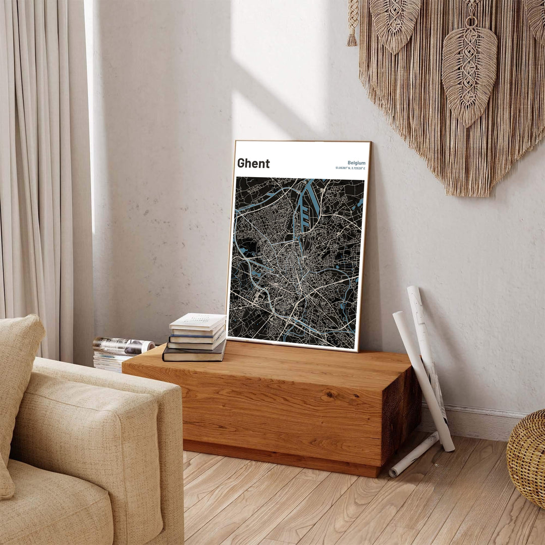 Contemporary dark theme cartography poster illustrating the river junction of Ghent, Belgium. Offered by MapYourDreams, this artwork is available in flexible options including unframed paper, custom wooden frames, and gallery canvas wraps.