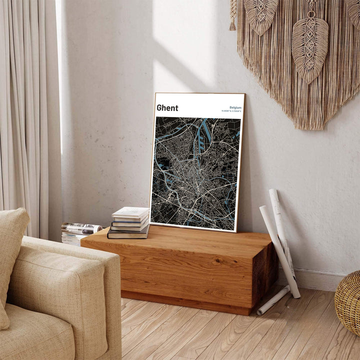 Contemporary dark theme cartography poster illustrating the river junction of Ghent, Belgium. Offered by MapYourDreams, this artwork is available in flexible options including unframed paper, custom wooden frames, and gallery canvas wraps.