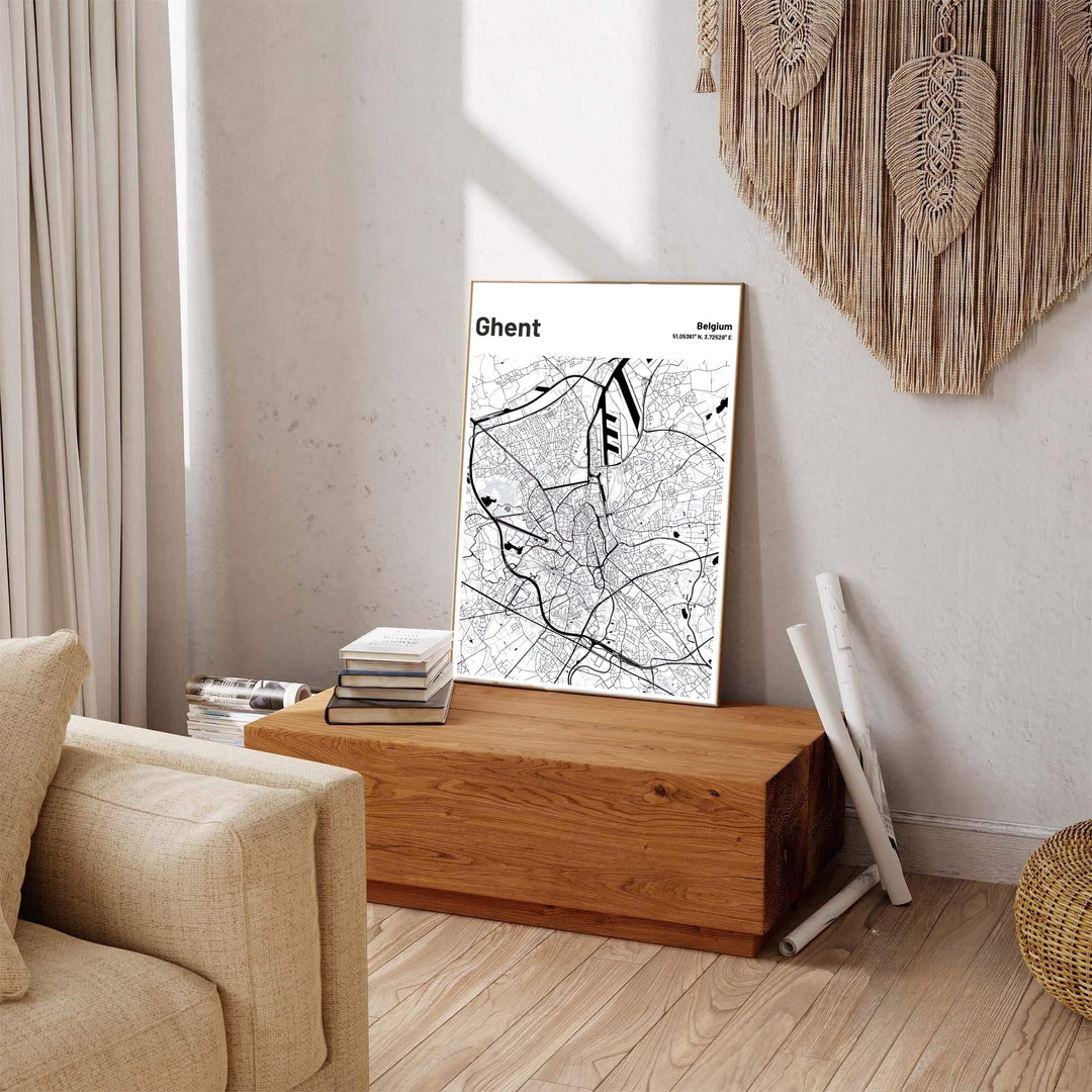 Captivating monochrome city map decor detailing the intricate street layout of Ghent, Belgium. Available across multiple options including unframed art paper, custom framed poster styles, and gallery canvas wall displays.