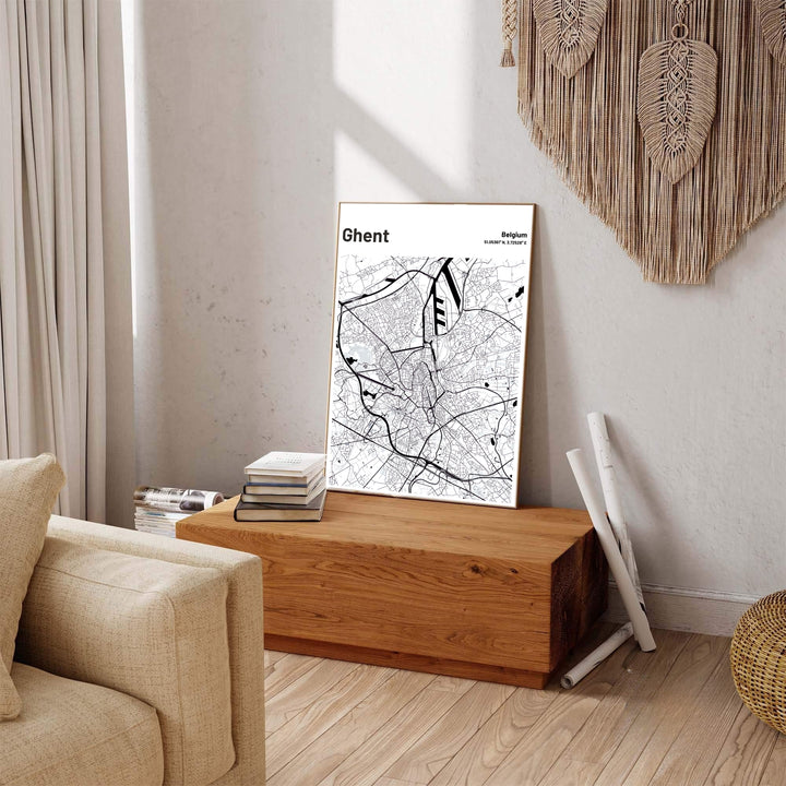 Captivating monochrome city map decor detailing the intricate street layout of Ghent, Belgium. Available across multiple options including unframed art paper, custom framed poster styles, and gallery canvas wall displays.