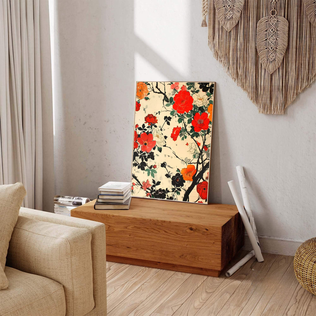 Vintage oriental flower artwork showing Hokusai floral print by artist Katsushika Hokusai inspired by Kamakura nature retreats. Explore ready-to-hang framed, unframed paper, and gallery canvas wall decor at MapYourDreams.