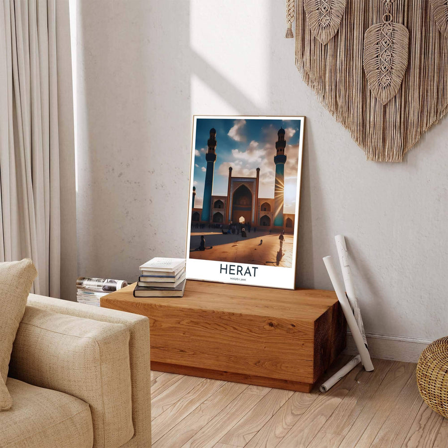 Scenic Afghan travel poster displaying Great Mosque of Herat artwork with sleek title text reading HERAT at bottom. Offered by MapYourDreams, this artwork is available in flexible options including unframed paper, custom wooden frames, and gallery canvas wraps to enhance any wall space.