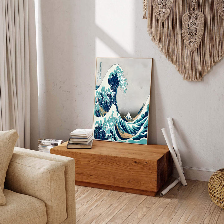Vintage oriental ocean artwork showing Hokusai Great Wave print by artist Katsushika Hokusai inspired by Sagami Bay off Kanagawa. Explore ready-to-hang framed, unframed paper, and gallery canvas wall decor at MapYourDreams.