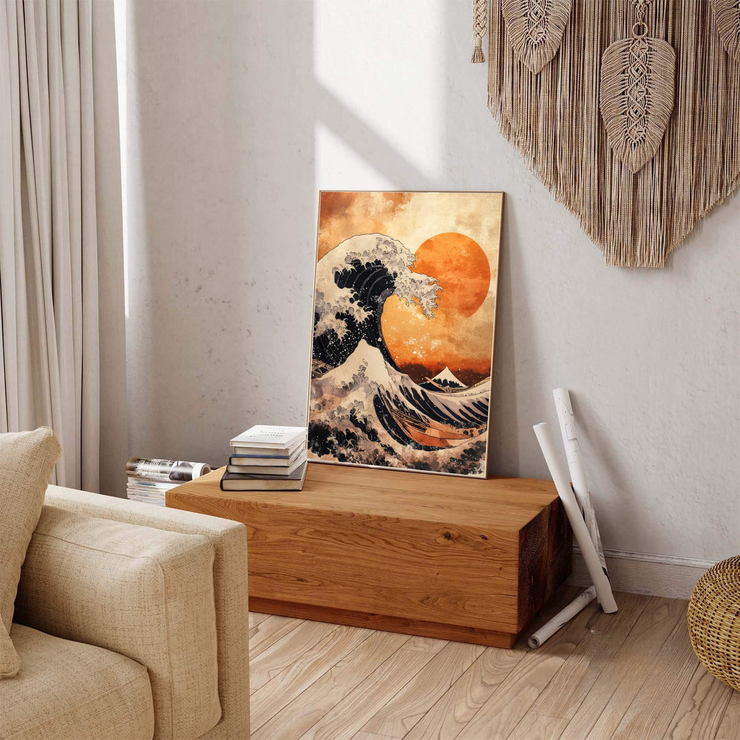 Vintage oriental sunset ocean artwork showing Hokusai Great Wave print by artist Katsushika Hokusai inspired by Sagami Bay off Kanagawa. Explore ready-to-hang framed, unframed paper, and gallery canvas wall decor at MapYourDreams.