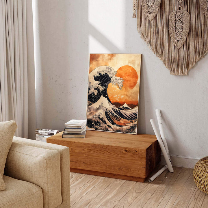 Vintage oriental sunset ocean artwork showing Hokusai Great Wave print by artist Katsushika Hokusai inspired by Sagami Bay off Kanagawa. Explore ready-to-hang framed, unframed paper, and gallery canvas wall decor at MapYourDreams.
