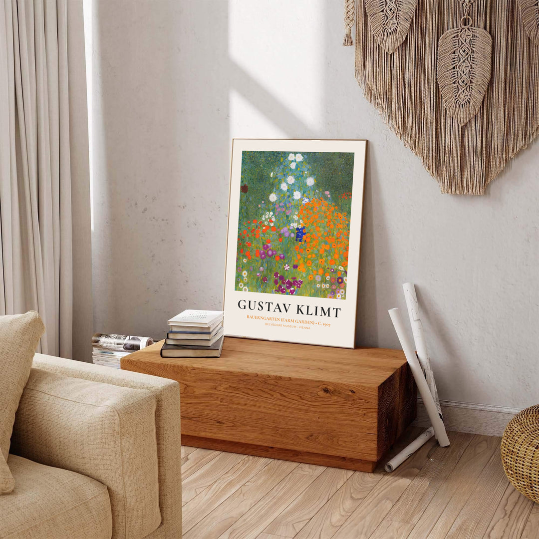 Vienna Secession floral print of Gustav Klimt Bauerngarten Farm Garden 1907 featuring rich botanical garden scenery in Vienna, Austria. Explore ready-to-hang framed wall art, unframed paper prints, and gallery canvas decor available directly from MapYourDreams online store.