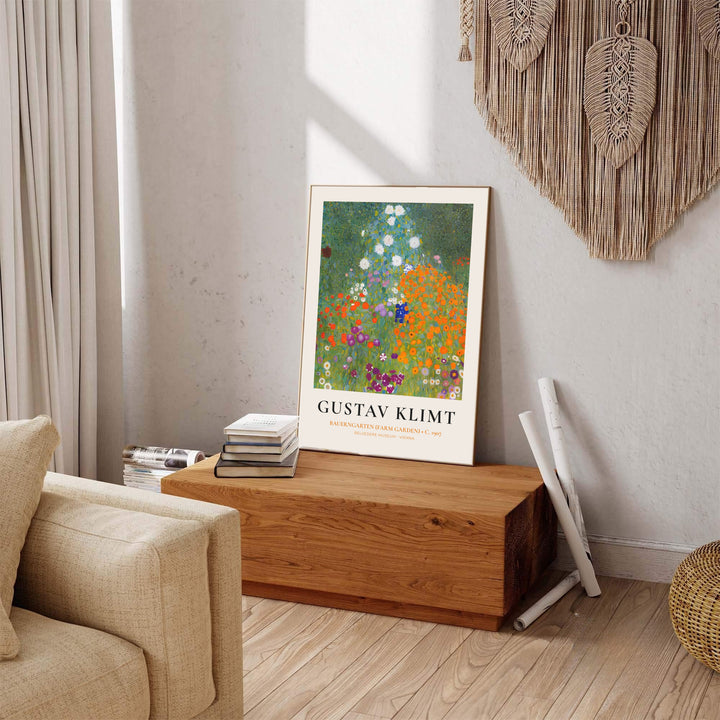Vienna Secession floral print of Gustav Klimt Bauerngarten Farm Garden 1907 featuring rich botanical garden scenery in Vienna, Austria. Explore ready-to-hang framed wall art, unframed paper prints, and gallery canvas decor available directly from MapYourDreams online store.