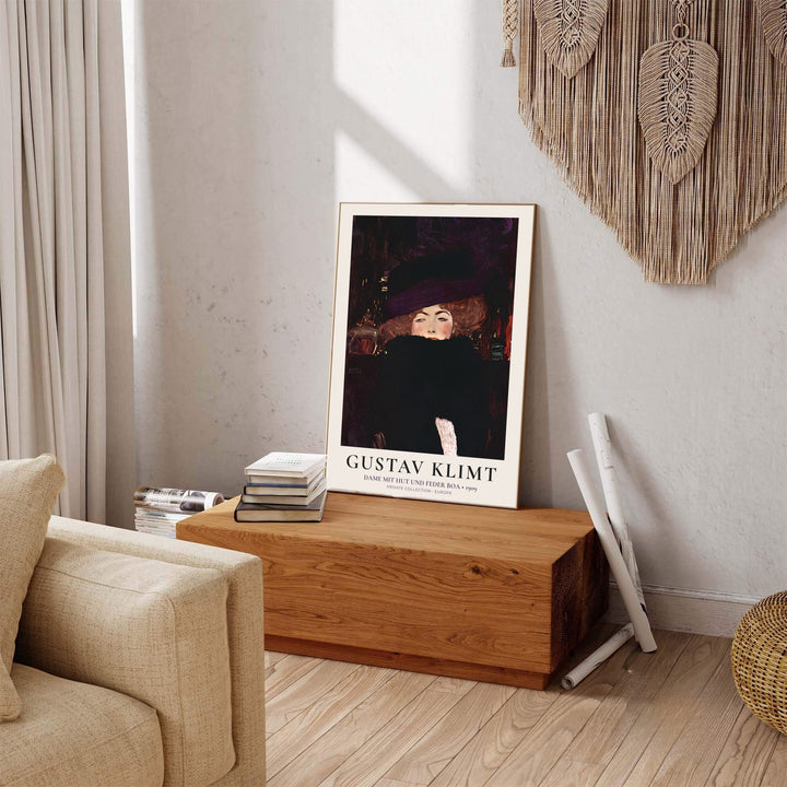 Vienna Secession fashion poster of Gustav Klimt Dame Mit Hut Und Federboa 1909 featuring a stylish woman with a black boa in Europe. Explore ready-to-hang framed wall art, unframed paper poster prints, and gallery canvas decor available directly from MapYourDreams online store.