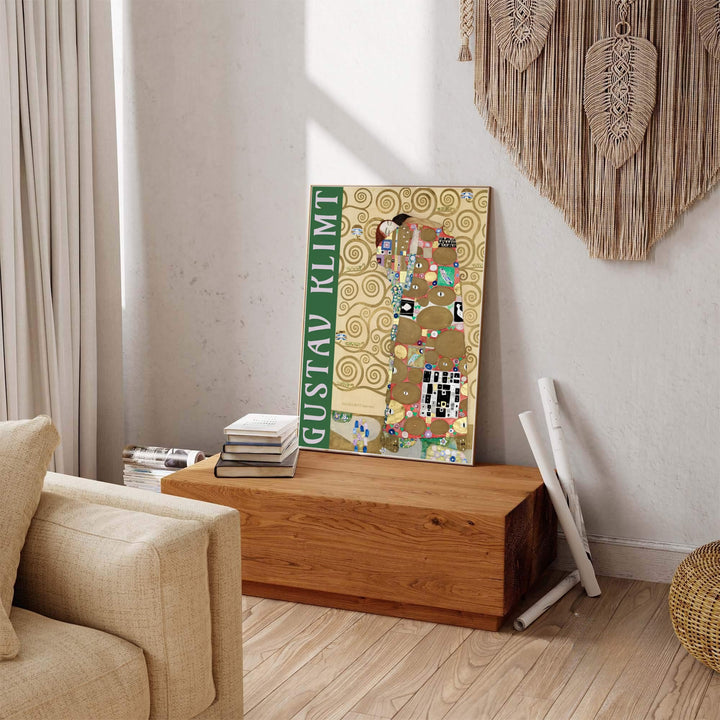 Vienna Secession golden poster of Gustav Klimt Fulfillment Die Erfullung 1909 featuring rich organic line work from the Stoclet Palace in Brussels Belgium. Explore ready-to-hang framed wall art, unframed paper poster prints, and gallery canvas decor available directly from MapYourDreams.