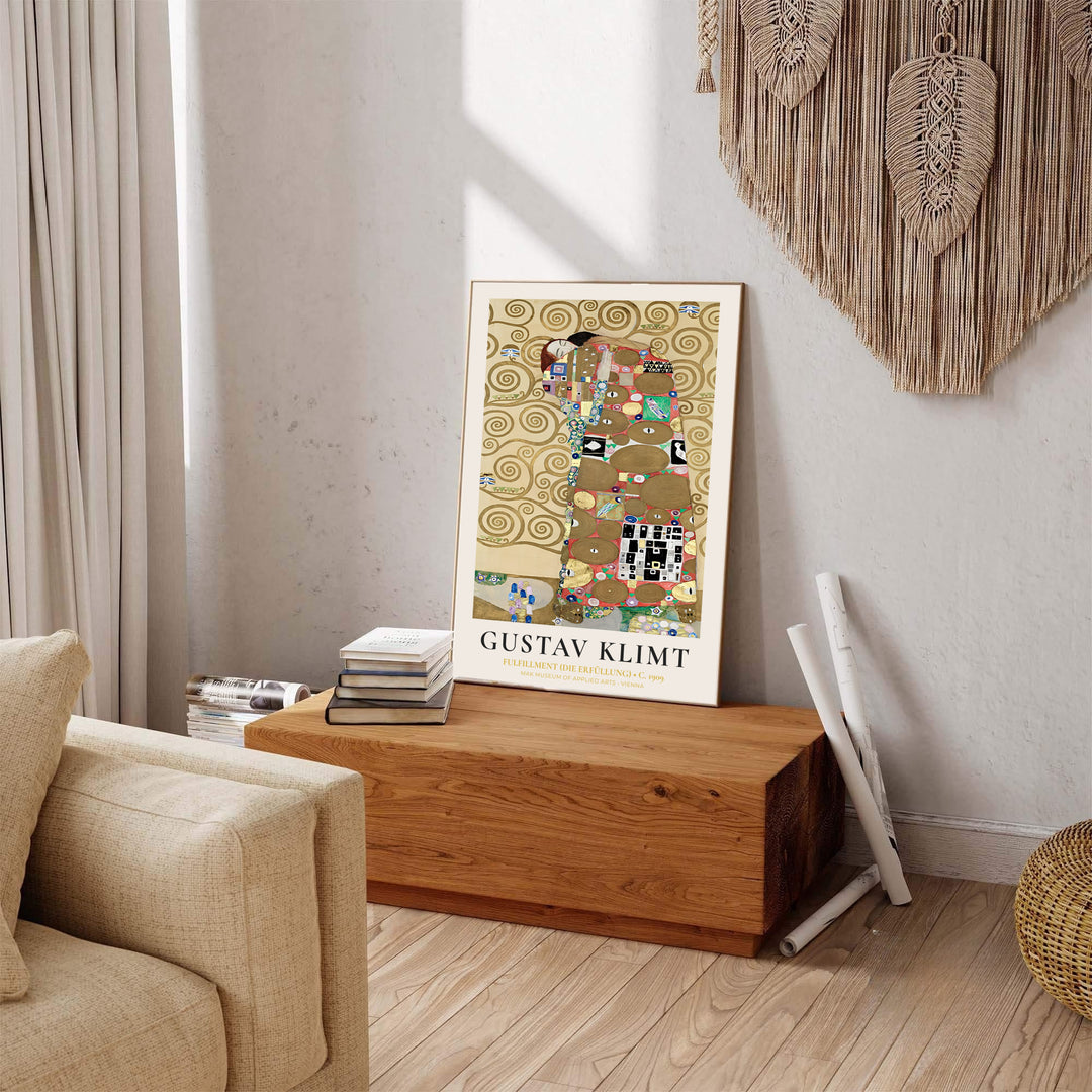 Iconic Golden Phase art print of Gustav Klimt Fulfillment Die Erfüllung 1909 featuring organic line work from the Palais Stoclet in Brussels Belgium. Explore ready-to-hang framed wall art, unframed paper poster prints, and gallery canvas decor available directly from MapYourDreams online store.