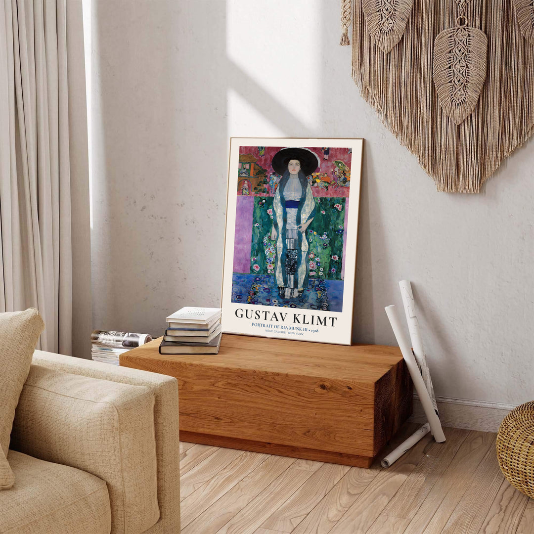 Master European portrait poster of Gustav Klimt Portrait Of Ria Munk III 1918 displaying rich color blocking techniques from Neue Galerie New York. MapYourDreams presents quality framed wall art, unframed poster options, and stretched canvas formats for refined home wall styling.
