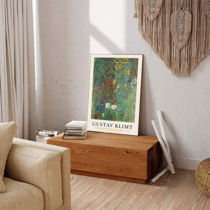 Radiant summer garden poster print of Gustav Klimt Sunflowers Die Sonnenblumen 1907 preserved in Belvedere Museum Vienna. MapYourDreams presents quality framed wall art, unframed poster options, and stretched canvas formats designed for cozy living room and bedroom walls.