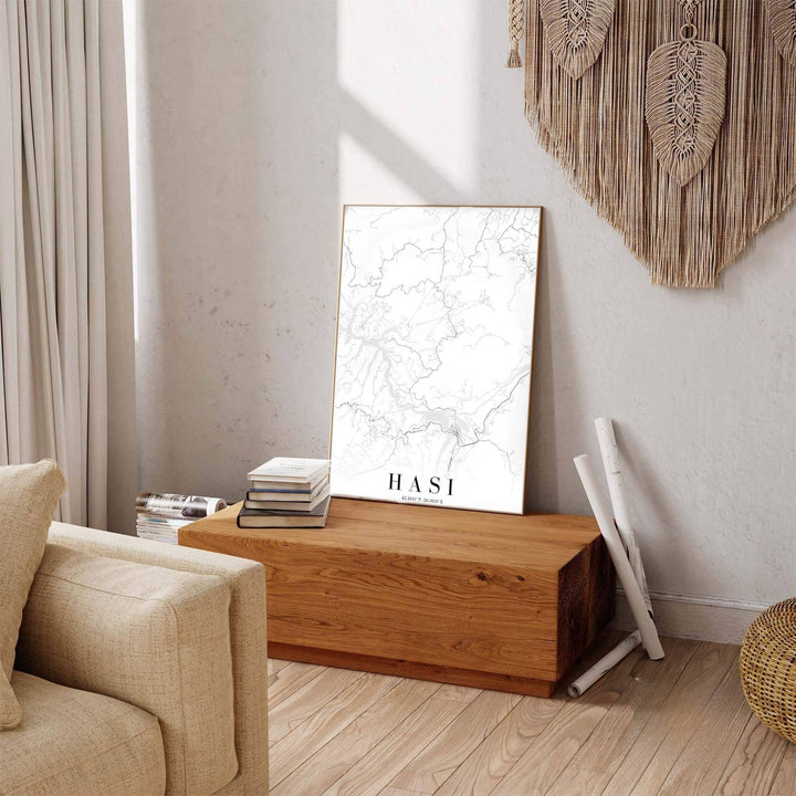 Jet black linework contrasts sharply against paper white stock in this elegant Has District map poster featuring geographic coordinates. Offered by MapYourDreams in custom choices such as unframed paper, wood-framed options, and gallery-style canvas.