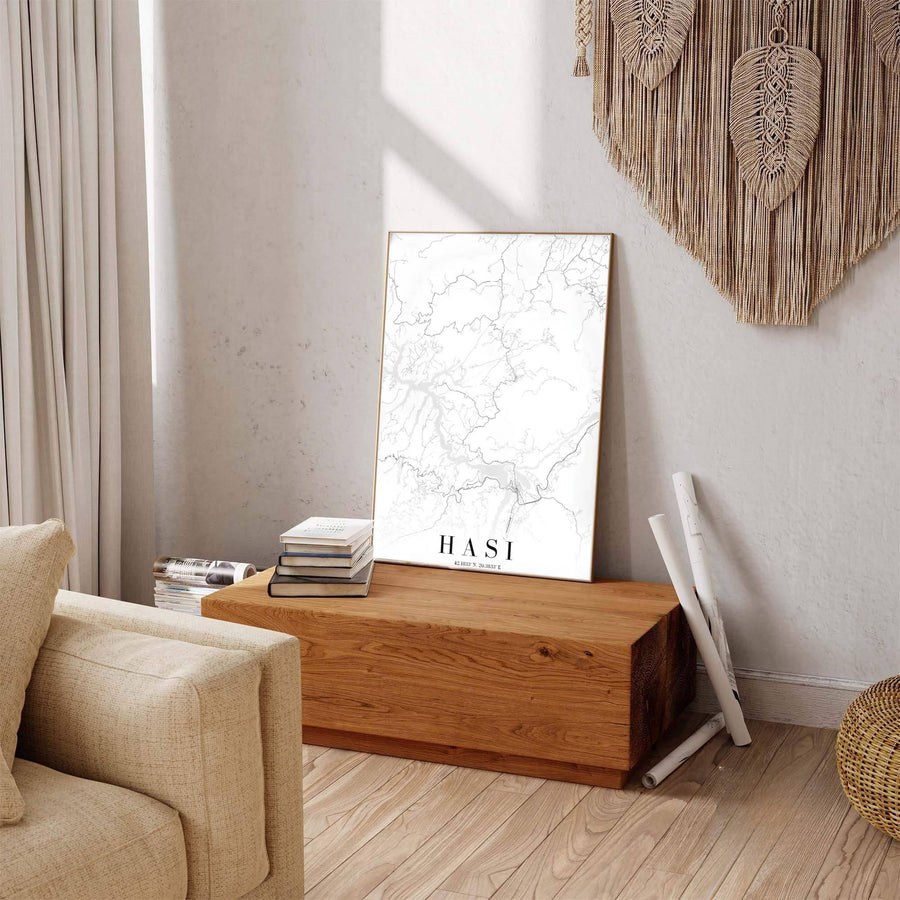 Jet black linework contrasts sharply against paper white stock in this elegant Has District map poster featuring geographic coordinates. Offered by MapYourDreams in custom choices such as unframed paper, wood-framed options, and gallery-style canvas.