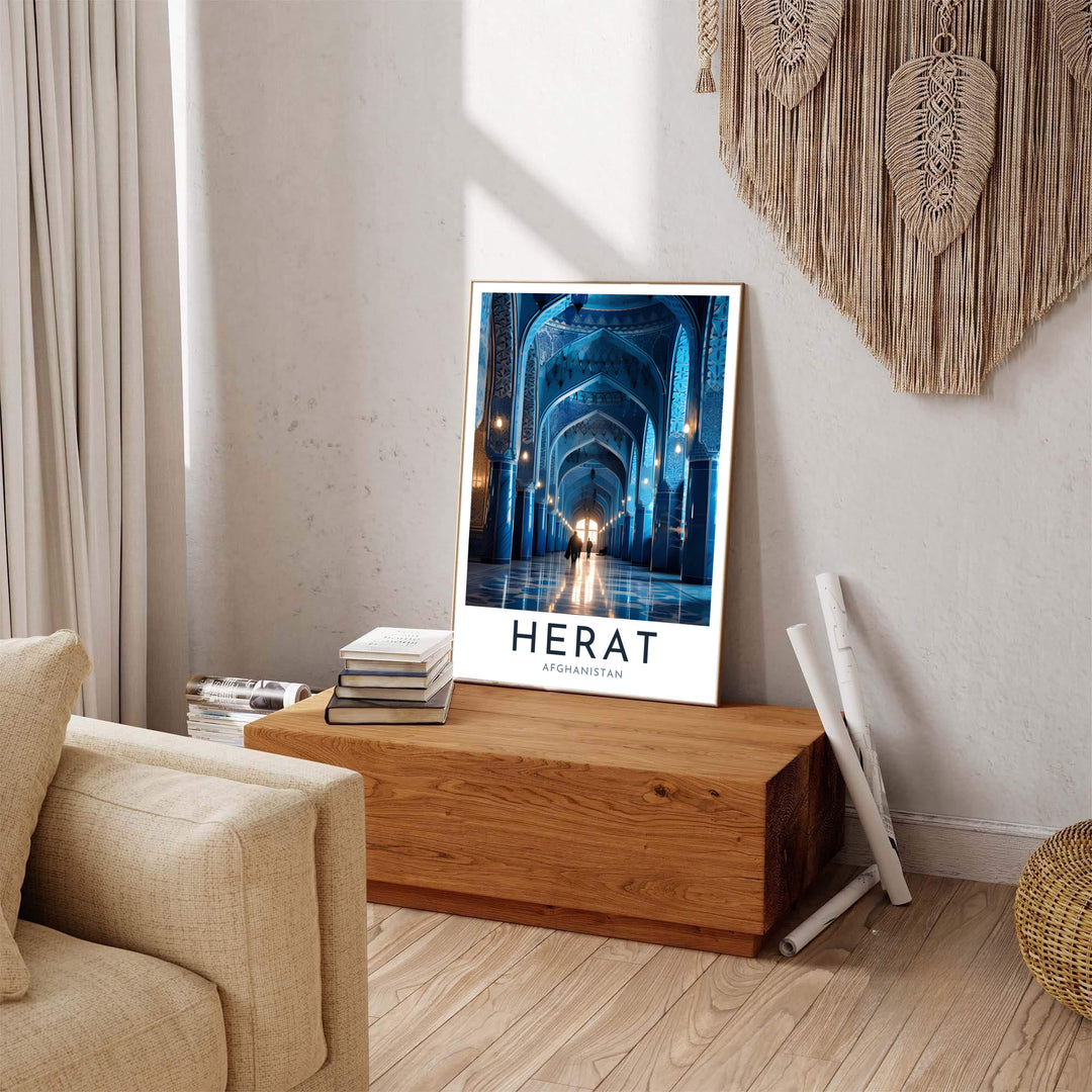 Blue mosaic tile photography print of Herat Blue Mosque Afghanistan featuring intricate interior craftsmanship, crafted by MapYourDreams as an unframed poster, gallery wrapped canvas print, or custom framed print in retro black and retro white frames for hallway display.