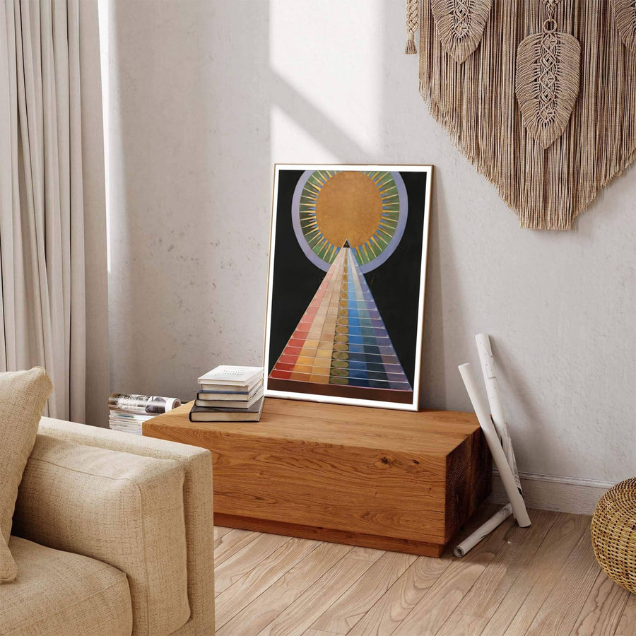 Offering a glimpse into the serene emotional depth of modernist art history rooted in transcendental movements, this expressive Hilma af Klint Group X Altarpiece print brings profound character to interiors. Offered by MapYourDreams, this artwork is available in flexible options including unframed paper, custom wooden frames, and gallery canvas wraps.