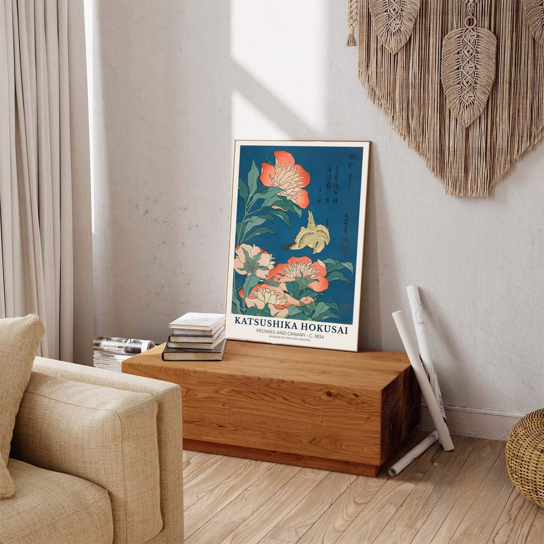 Vintage oriental bird and flower artwork showing Peonies and Canary print by artist Katsushika Hokusai inspired by nature in Boston. Explore ready-to-hang framed, unframed paper, and gallery canvas wall decor at MapYourDreams.