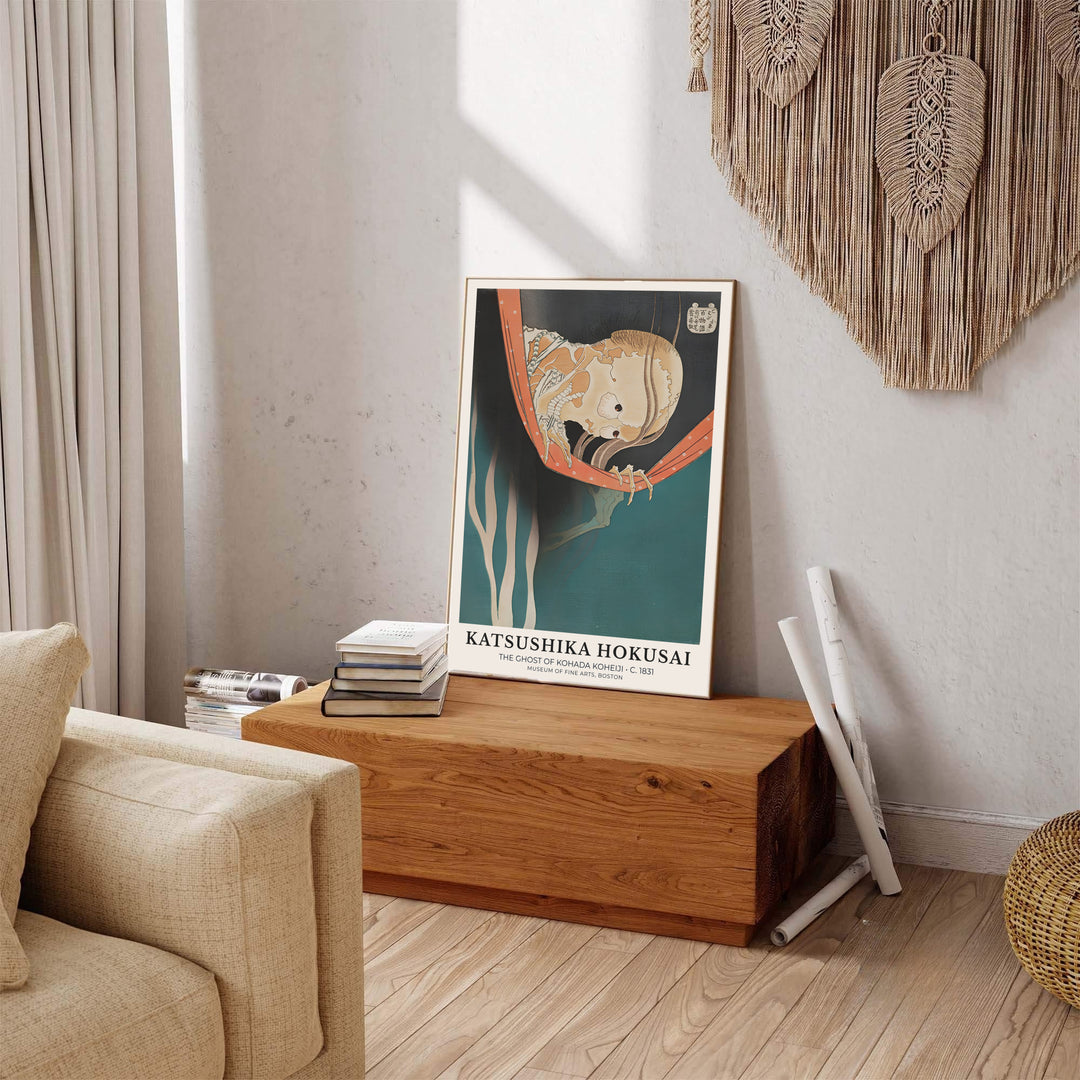 Vintage oriental skeleton artwork showing The Ghost of Kohada Koheiji print by artist Katsushika Hokusai inspired by Edo mythology in Boston. Explore ready-to-hang framed, unframed paper, and gallery canvas wall decor at MapYourDreams.