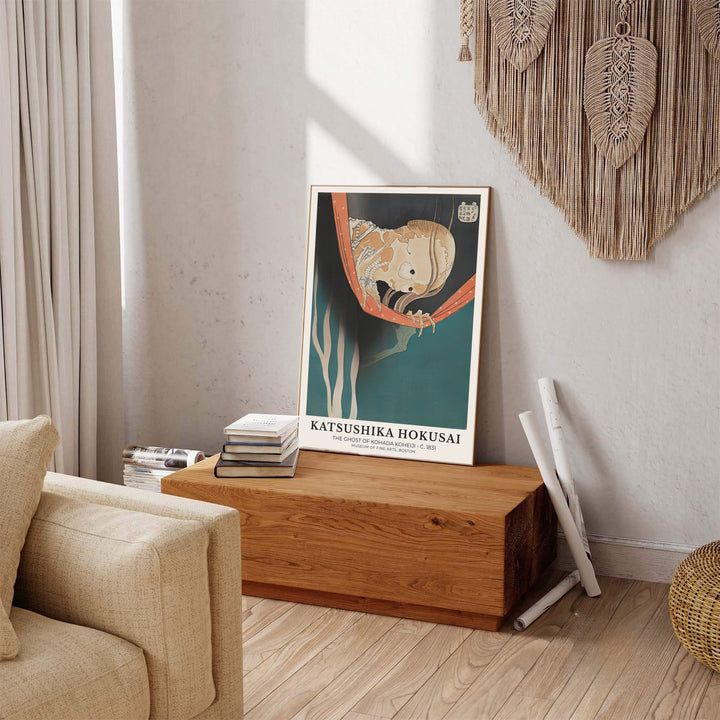 Vintage oriental skeleton artwork showing The Ghost of Kohada Koheiji print by artist Katsushika Hokusai inspired by Edo mythology in Boston. Explore ready-to-hang framed, unframed paper, and gallery canvas wall decor at MapYourDreams.