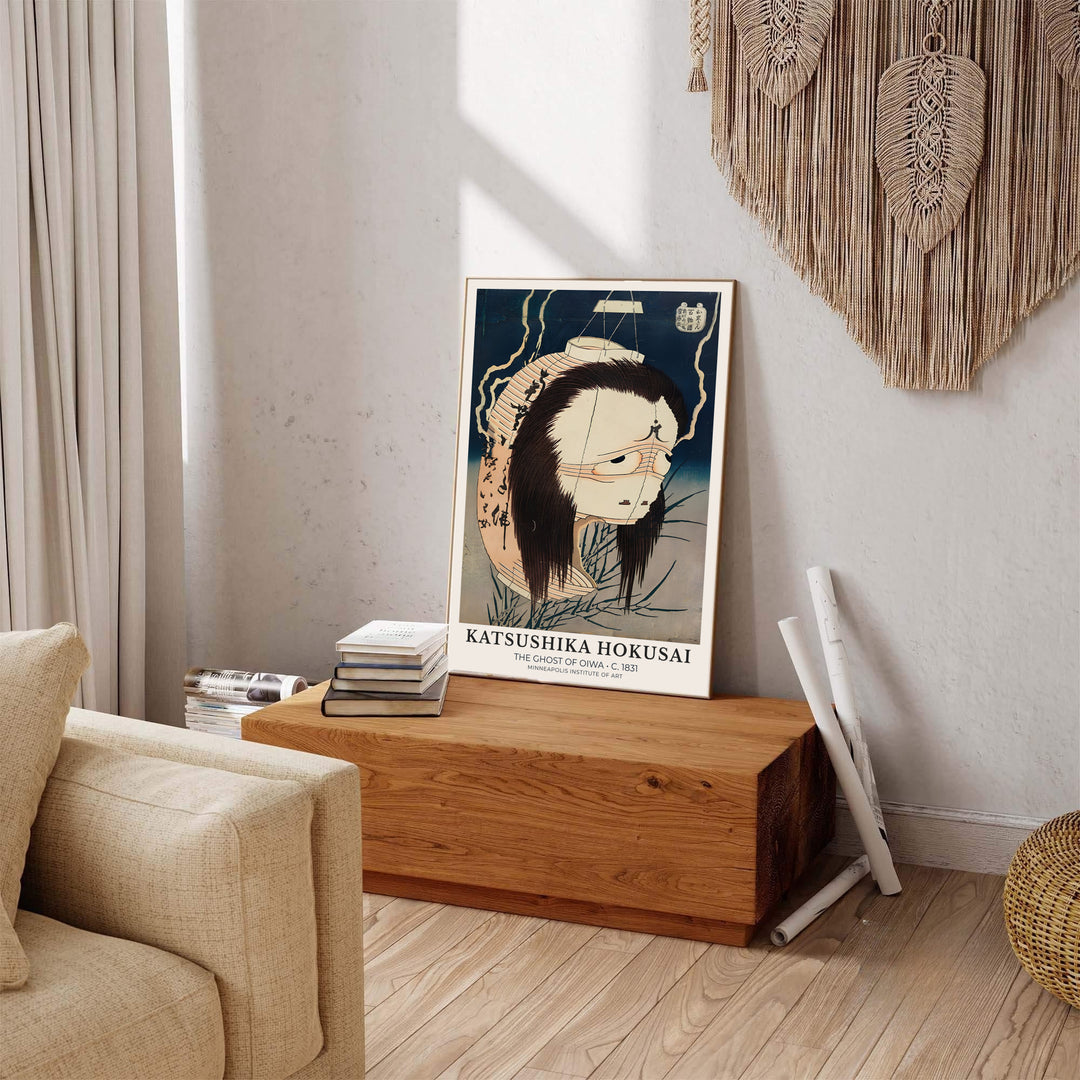 Vintage oriental paper lantern artwork showing The Ghost of Oiwa print by artist Katsushika Hokusai inspired by Edo mythology in Minneapolis. Explore ready-to-hang framed, unframed paper, and gallery canvas wall decor at MapYourDreams.