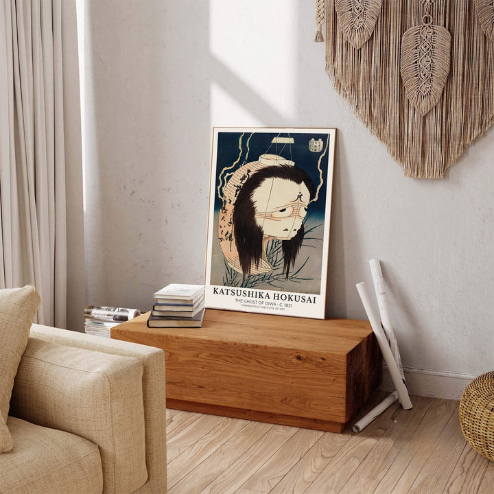 Vintage oriental paper lantern artwork showing The Ghost of Oiwa print by artist Katsushika Hokusai inspired by Edo mythology in Minneapolis. Explore ready-to-hang framed, unframed paper, and gallery canvas wall decor at MapYourDreams.