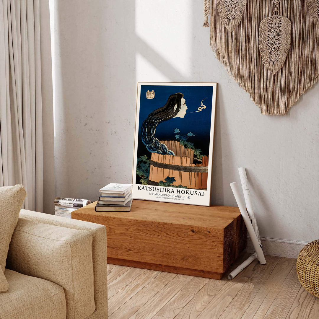 Vintage oriental ghost artwork showing The Mansion of Plates print by artist Katsushika Hokusai inspired by Edo mythology in Minneapolis. Explore ready-to-hang framed, unframed paper, and gallery canvas wall decor at MapYourDreams.
