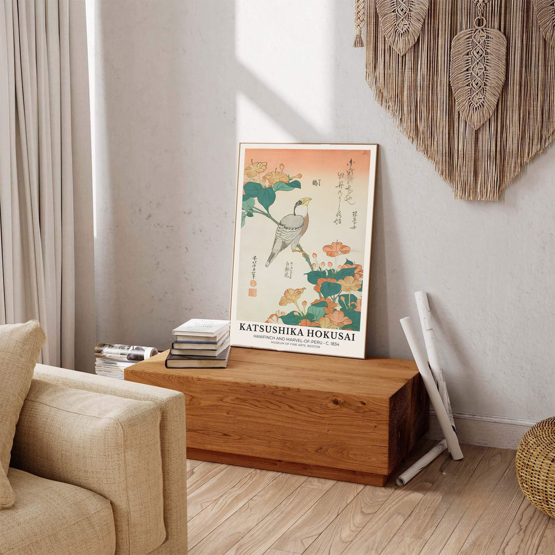 Vintage oriental bird artwork showing Hawfinch and Marvel-of-Peru print by artist Katsushika Hokusai inspired by Edo nature studies in Boston. Explore ready-to-hang framed, unframed paper, and gallery canvas wall decor at MapYourDreams.