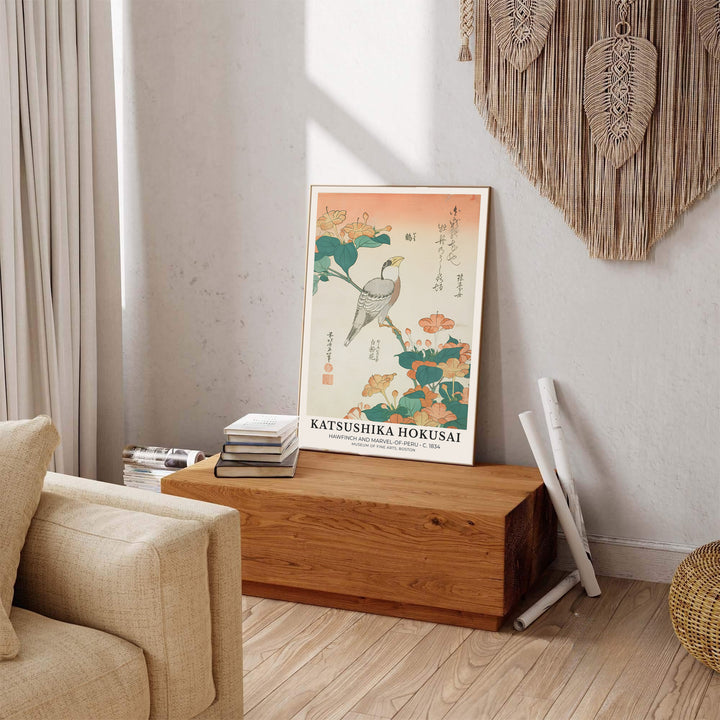 Vintage oriental bird artwork showing Hawfinch and Marvel-of-Peru print by artist Katsushika Hokusai inspired by Edo nature studies in Boston. Explore ready-to-hang framed, unframed paper, and gallery canvas wall decor at MapYourDreams.