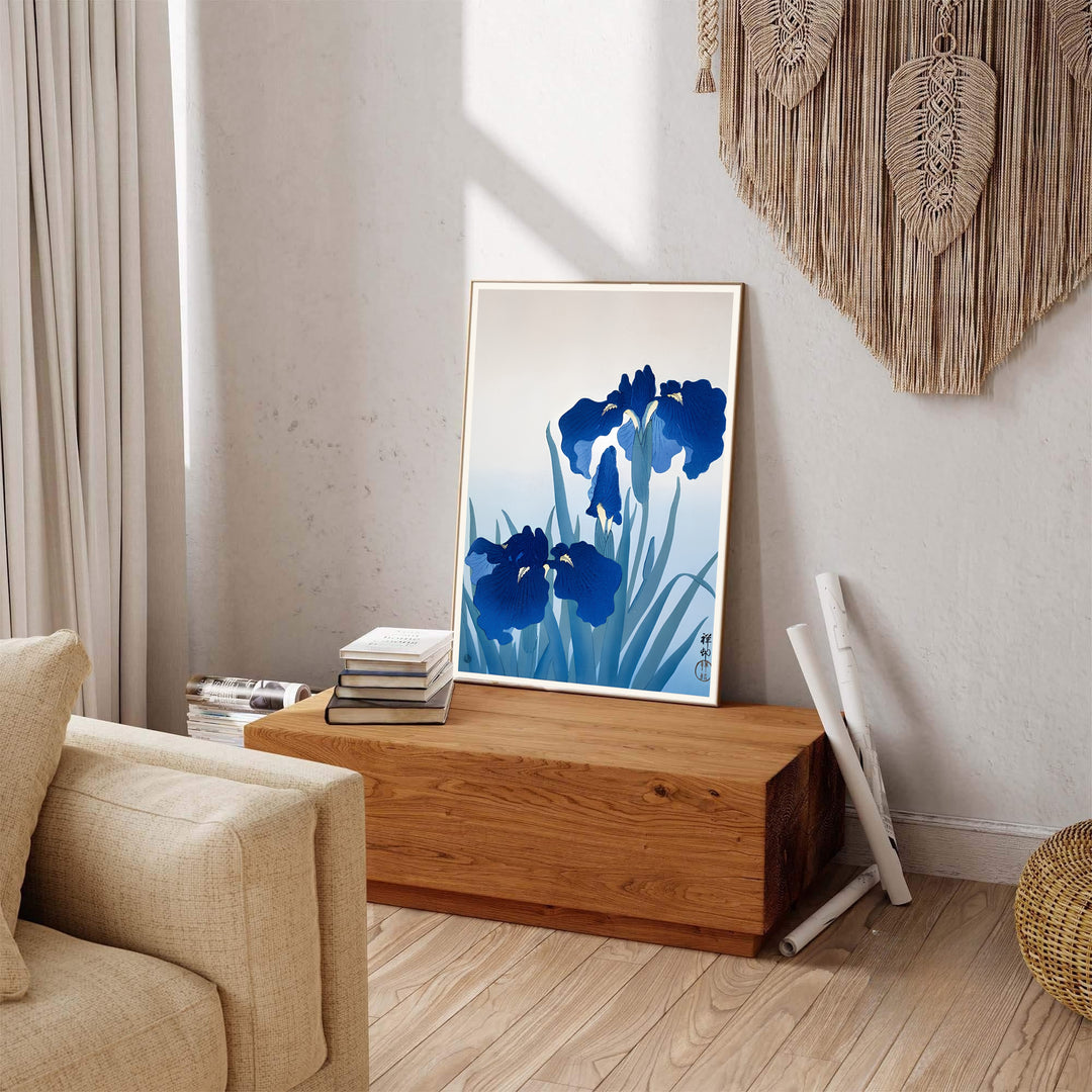 Vintage oriental flower artwork showing Ohara Koson blue iris print by artist Ohara Koson inspired by Kamakura nature retreats. Explore ready-to-hang framed, unframed paper, and gallery canvas wall decor at MapYourDreams.