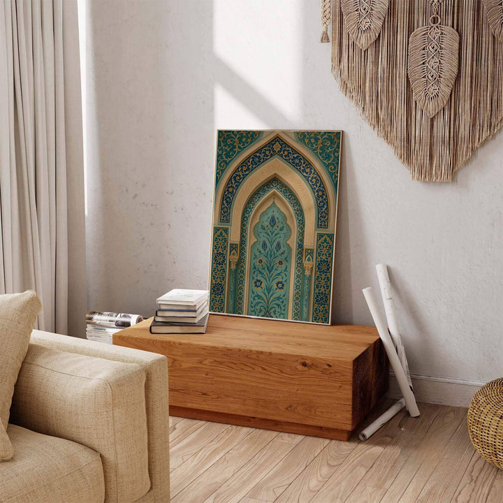 Scenic architecture poster displaying an Islamic tulip arch print with sleek title text reading ISLAMIC ARCH at the bottom. Offered by MapYourDreams, this artwork is available in flexible options including unframed paper, custom wooden frames, and gallery canvas wraps to enhance any wall space.