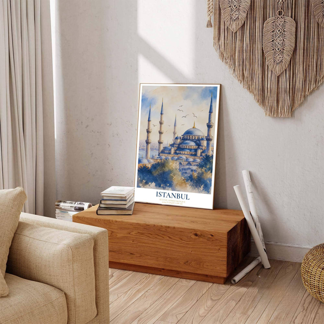 Scenic Istanbul Turkey poster displaying Blue Mosque watercolor artwork with sleek title text reading ISTANBUL at bottom. Offered by MapYourDreams, this artwork is available in flexible options including unframed paper, custom wooden frames, and gallery canvas wraps to enhance any wall space.