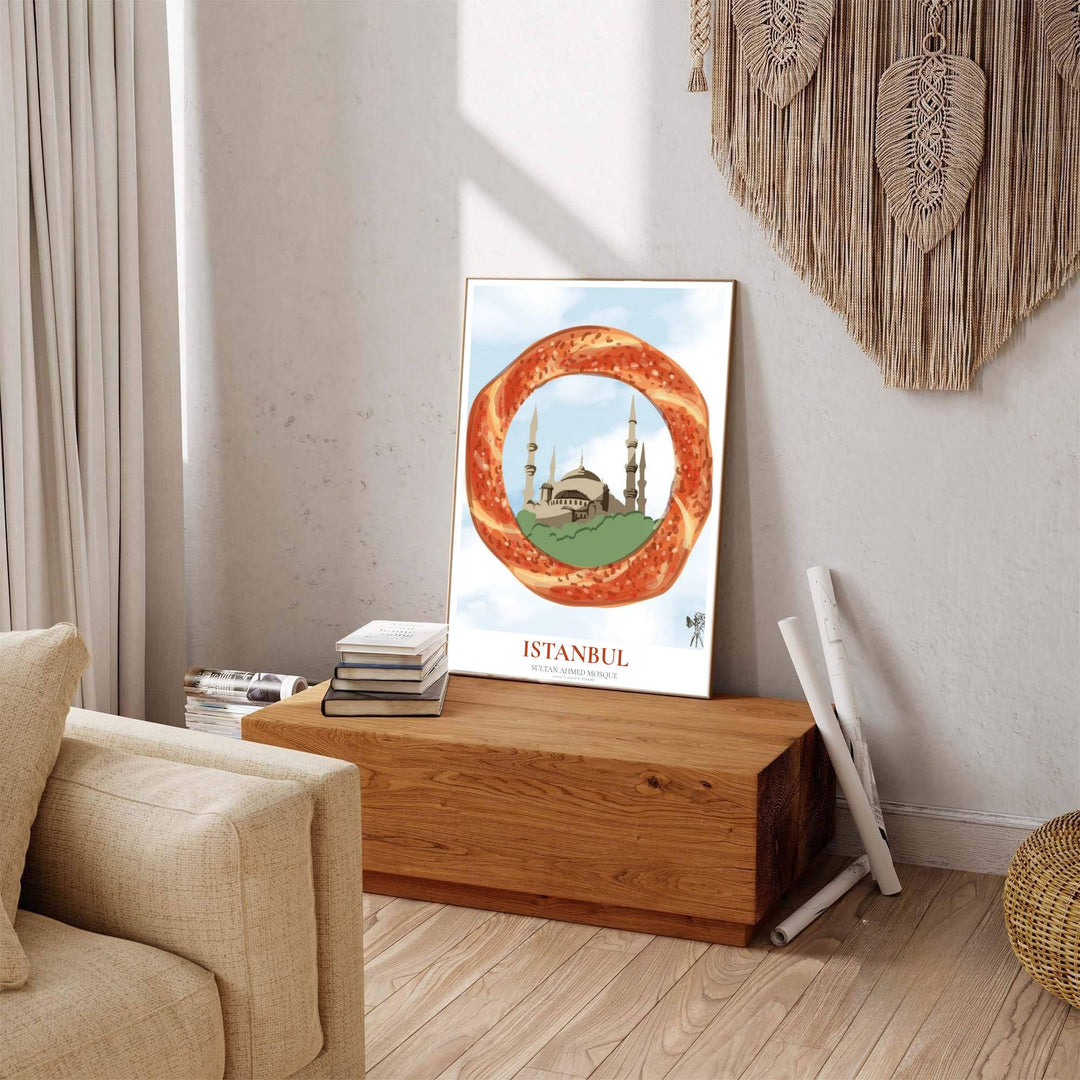 Golden brown and pale blue food art poster of Istanbul&