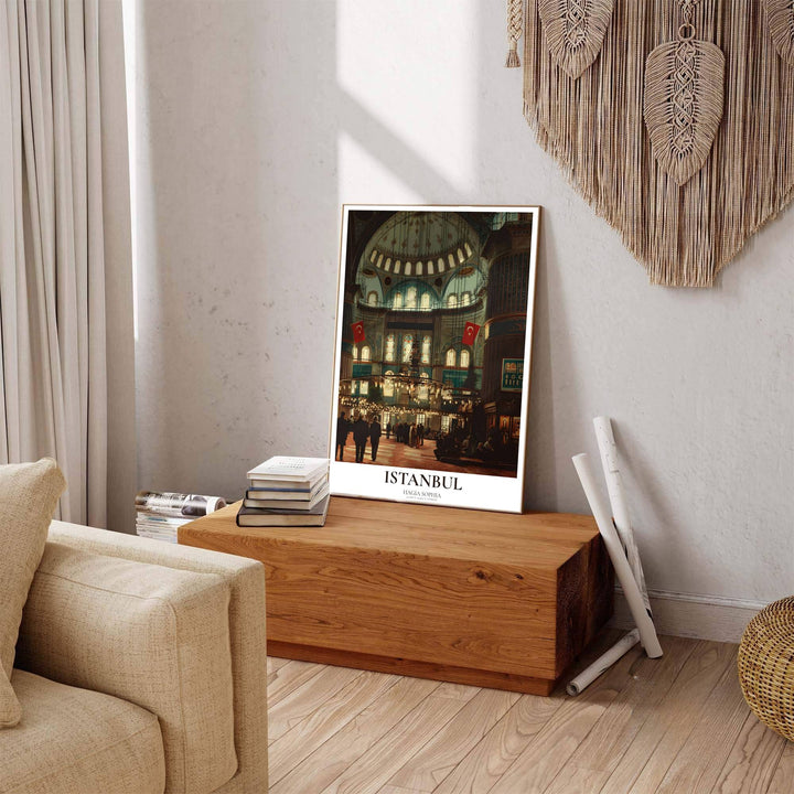 Scenic Istanbul Turkey poster displaying Hagia Sophia interior artwork with clean headline text reading ISTANBUL at bottom. Offered by MapYourDreams, this artwork is available in flexible options including unframed paper, custom wooden frames, and gallery canvas wraps to enhance any wall space.