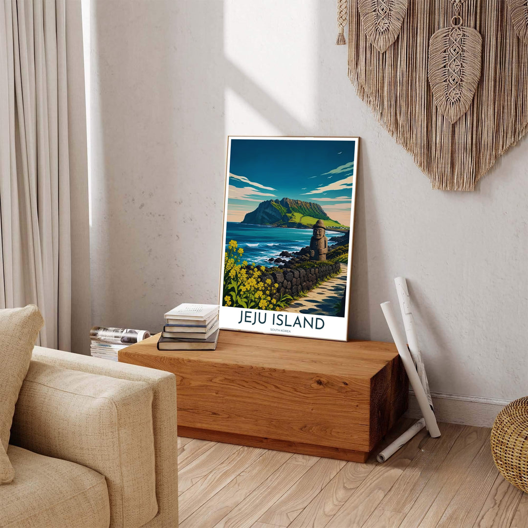 Artistic home decor print capturing the natural beauty of Jeju Island, South Korea, featuring Sunrise Peak, black basalt stone walls, and vibrant yellow canola flowers. Offered by MapYourDreams, this artwork is available in flexible options including unframed paper, custom wooden frames, and gallery canvas wraps.