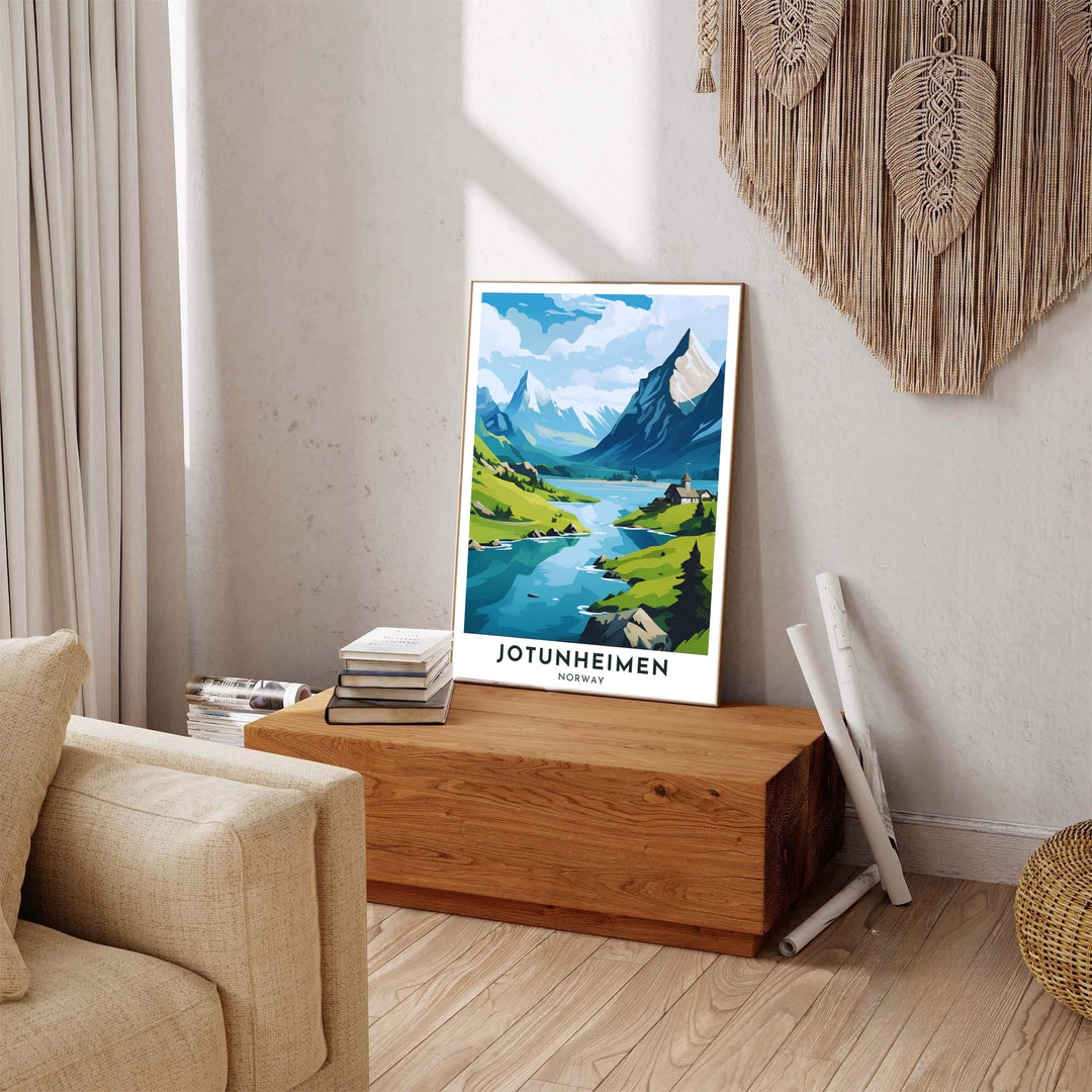 Crisp vector travel poster of Jotunheimen Norway featuring rich mountain line art, blue water reflections, and lush valley greenery. Carefully produced for lasting beauty, this wall art selection includes versatile options like unframed art paper, solid wood framed prints, and textured canvas stretchers.