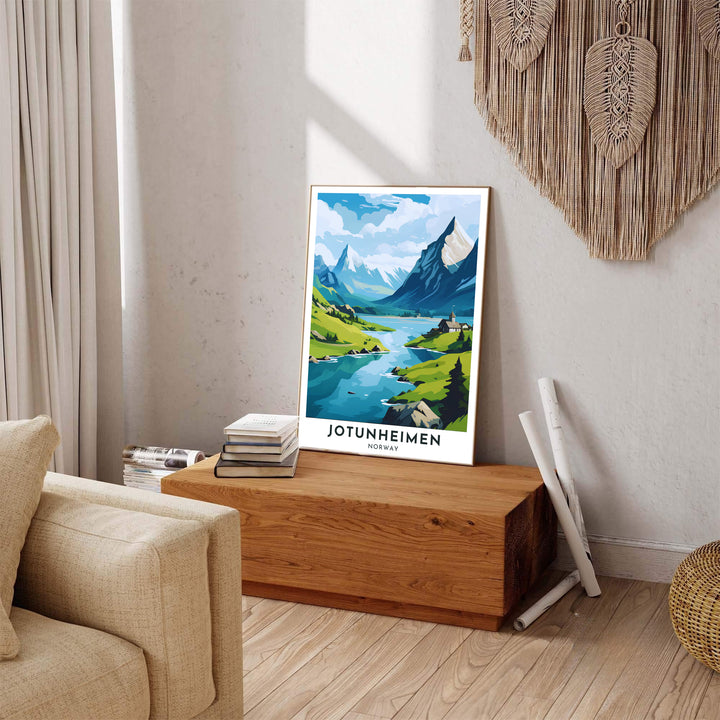 Crisp vector travel poster of Jotunheimen Norway featuring rich mountain line art, blue water reflections, and lush valley greenery. Carefully produced for lasting beauty, this wall art selection includes versatile options like unframed art paper, solid wood framed prints, and textured canvas stretchers.