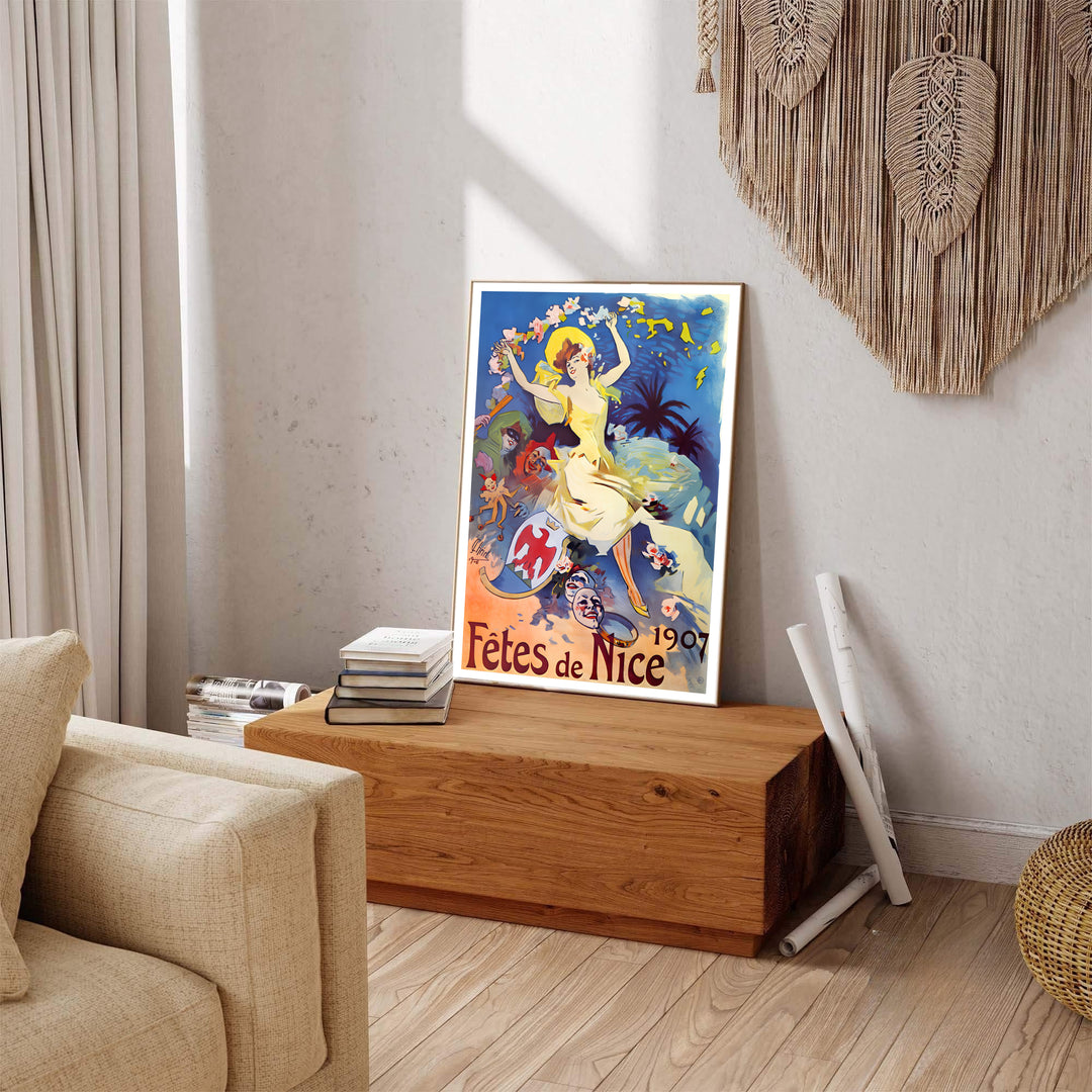 French Riviera poster print Fêtes De Nice by artist Jules Chéret displaying bold vintage festival lettering in Nice France. MapYourDreams provides premium framed, unframed, and canvas prints.