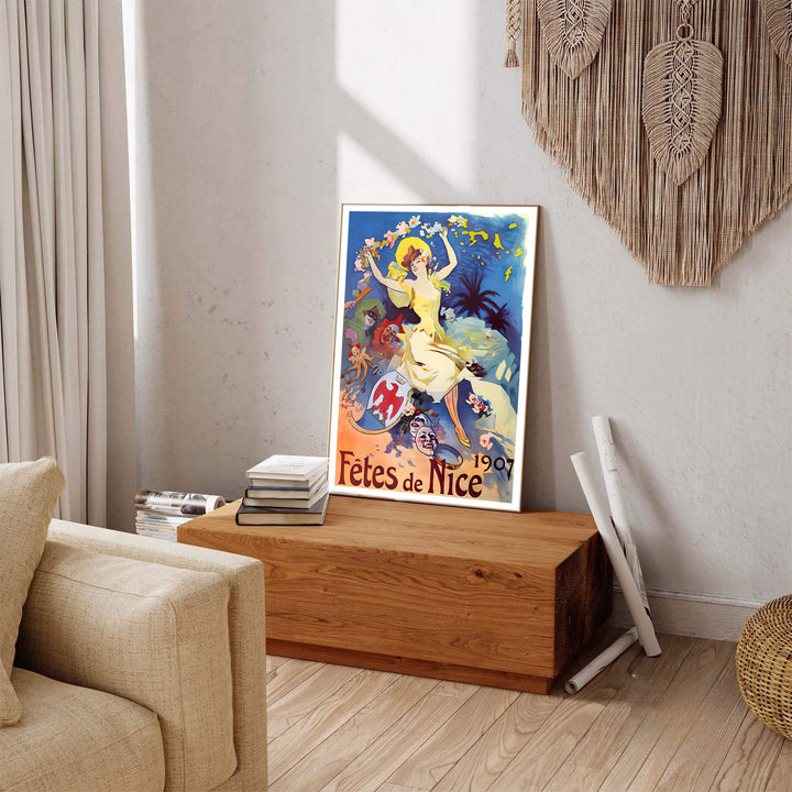 French Riviera poster print Fêtes De Nice by artist Jules Chéret displaying bold vintage festival lettering in Nice France. MapYourDreams provides premium framed, unframed, and canvas prints.