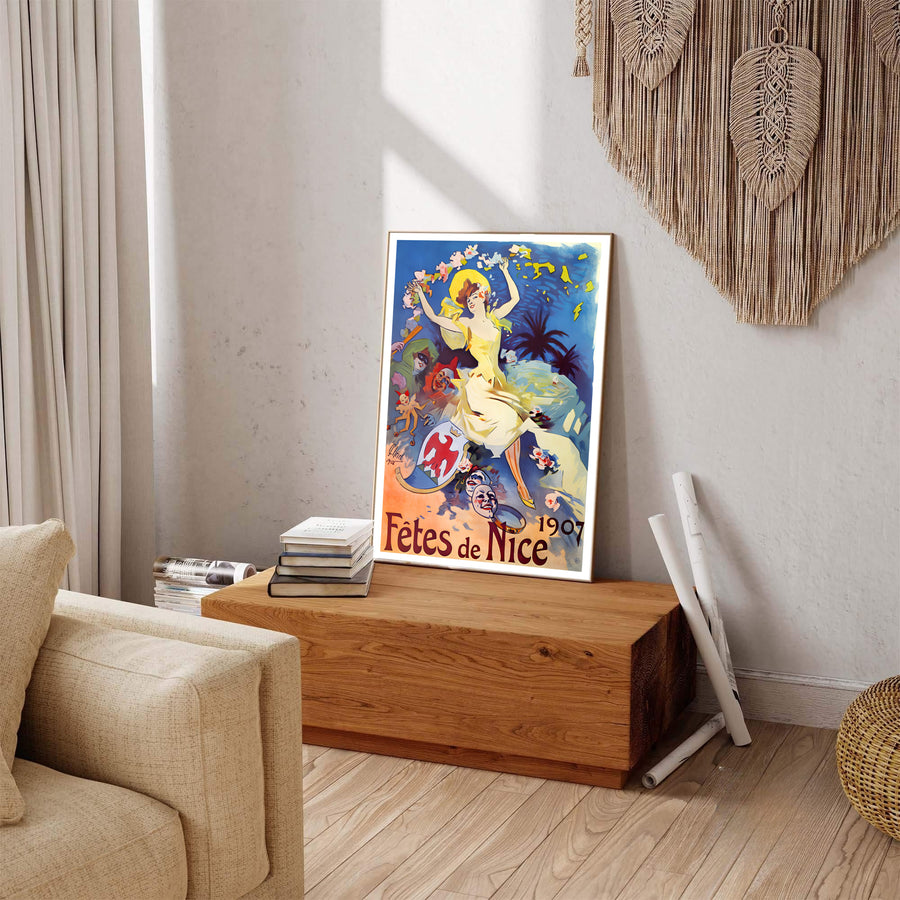 French Riviera poster print Fêtes De Nice by artist Jules Chéret displaying bold vintage festival lettering in Nice France. MapYourDreams provides premium framed, unframed, and canvas prints.