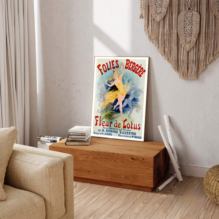 French vintage cabaret wall decor Folies Bergère Fleur De Lotus poster by artist Jules Chéret inspired by historic travel art in Paris France. Explore ready-to-hang framed, unframed paper, and gallery canvas wall decor at MapYourDreams.
